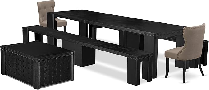 X02SI-2C6-48 - 6-pc Dining Table Set a Rectangular Dining Table with a coffee Table and 2 wooden Benches, 2 coffee Linen Fabric Chairs, 39x120 Inch, Wire Brushed Black