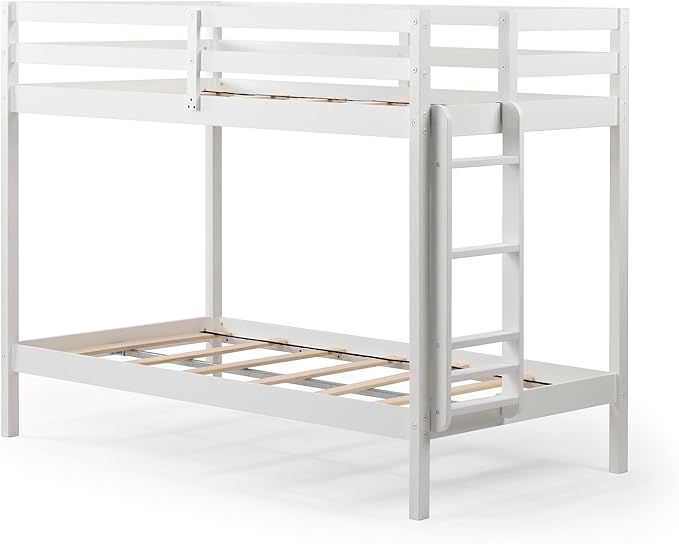 Grain & Grove Bear Twin Over Twin Bunk Bed, Sturdy Bunk Bed Frame for Kids, Plywood Bunk with Ladder, Guardrail, and Slats, No Box Spring Required, Brushed White