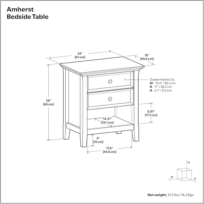 SIMPLIHOME Amherst SOLID WOOD 24 Inch Wide Traditional Bedside Nightstand Table in Light Golden Brown, For the Living Room and Bedroom