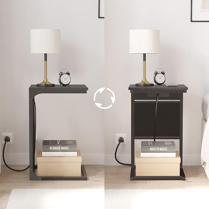 TUTOTAK C Shaped End Table with Charging Station, Side Table for Sofa, Couch Table with Storage Bag, Set of 2, TV Tray Table with 2 USB Ports and Outlets for Living Room, Bedroom, Black TB01BK0242
