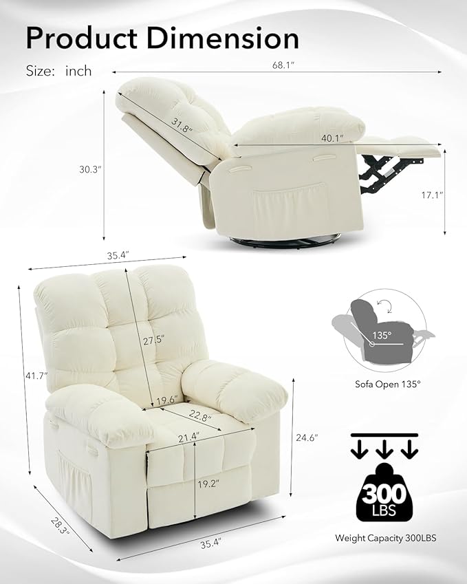 Rocking Recliner Chair,360° Swivel Rocker Chair for Living Room,Upholstered Fabric Glider Nursery Chair with Side Pockets for Small Spaces,Q235 Steel Frame Lazy Boy Recliner Single Sofa(Beige)
