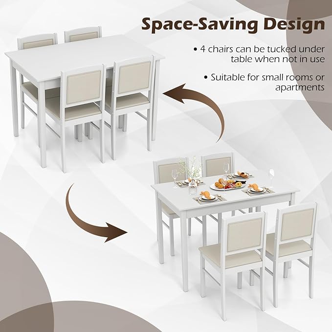 Giantex 5-Piece Dining Table Set for 4 - Breakfast Nook Table Set with Kitchen Table, 4 Upholstered Chairs, Wood Legs, Space-Saving Dinette Set, Kitchen Table Chairs Set of 4 (White+Beige)