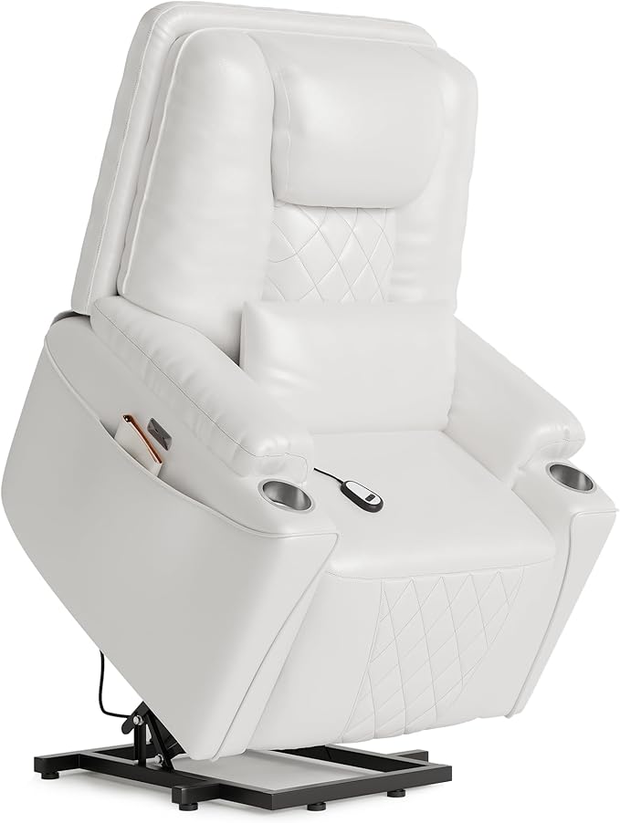 IDEALHOUSE Electric Power Lift Recliner Chair Sofa, Power Lift Chair for Elderly, 3 Positions, Side Pockets, and Cup Holders, USB Ports, Recliner Chair with Remote for Living Room, White