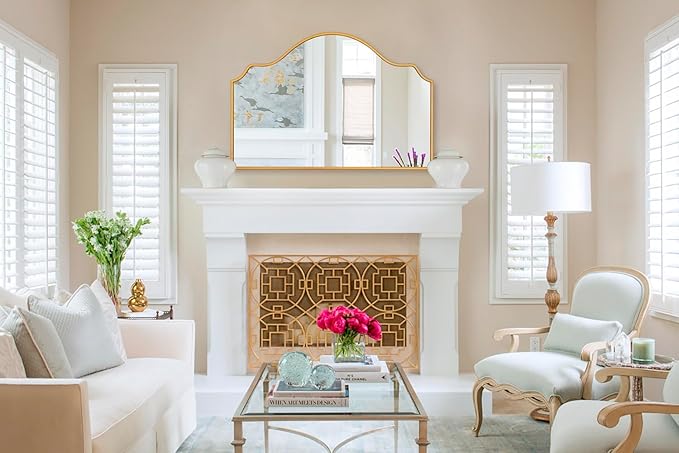 Chende Large Gold Mirror with Arched Top, 47" x 32" Modern Living Mirror for Wall, Modern Decorative Mirror with Wooden Frame for Entryway, Fireplace, Dining Room