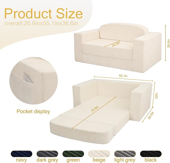 MeMoreCool Convertible Sofa Bed, Pull Out Loveseat Sleeper Sofa Beige, Small Boneless Cloud Couch Bed for Adults, Fold Out Foam Love Seat, Corduroy Folding Floor Couch for Bedroom