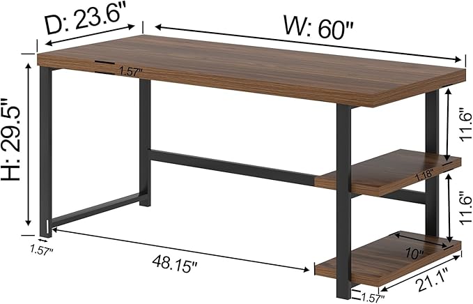 FOLUBAN Modern Computer Desk for Home Office, Large Writing Table with Storage Shelves, Wood and Metal Study Gaming Desk Workstation for Living Room, Rustic Walnut, 60 Inch