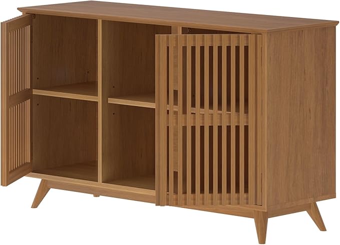 Plank+Beam Mid-Century Modern Wood TV Stand, Solid Wood Entertainment Console with Storage, 49" L x 16" W x 30" H, Pecan