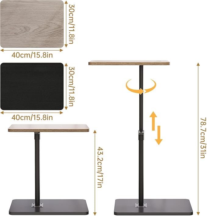 NiHome Minimalist Height Adjustable End Table, 360° Rotatable Sofa Armrest Side Tray Table, Adjustable Legs Space-Saving Couch Bedside Bathtub TV Tray C-Shaped End Table Snack Table for Eating (Gray)