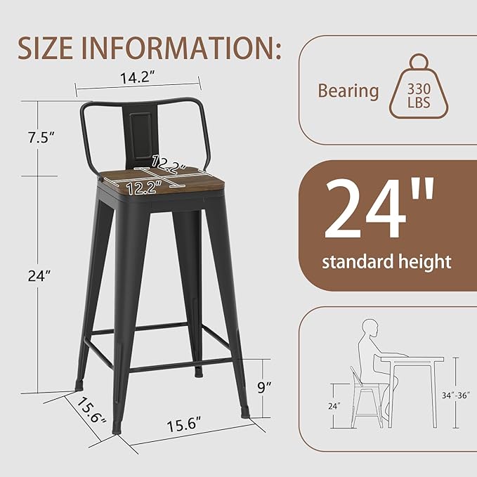 24 Inch Swivel Bar Stools Set of 4, Counter Height Bar Stools with Low Back, Metal Industrial Bar Chairs for Kitchen Island (Matte Black)