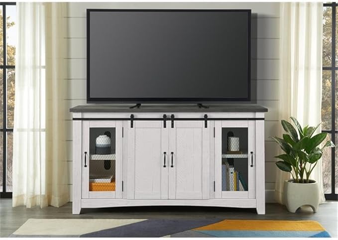 Martin Svensson Home Rustic 65” Solid Wood TV Stand with Storage, White Stain with Grey Stain Top