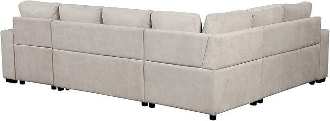 109" U-shaped Sectional Pull-out Sofa Bed with Storage Chaise,2-in-1 Convertible Couch W/ 4 Back Pillow & 2 USB Ports,Luxurious Sleeper Furniture Set for Living Room Large Space,Beige Chenille