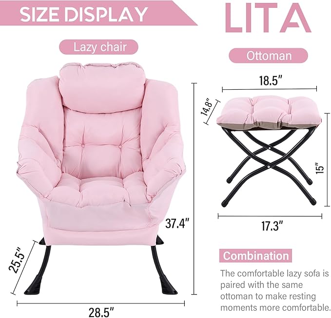 LITA Lazy Chair with Ottoman, Modern Accent Leisure Upholstered Sofa, Contemporary Lounge Reading Chair with Armrests and a Side Pocket for Living Room, Bedroom & Small Space, Pink