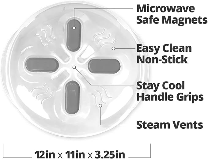 Magnetic Splatter Cover, 12-Inch Clear BPA-Free Food Lid, Vented Plate Guard with Steam Vents, Anti-Splash Microwave Lid, Dishwasher Safe, Space-Saving Magnetic Storage - Heather Gray