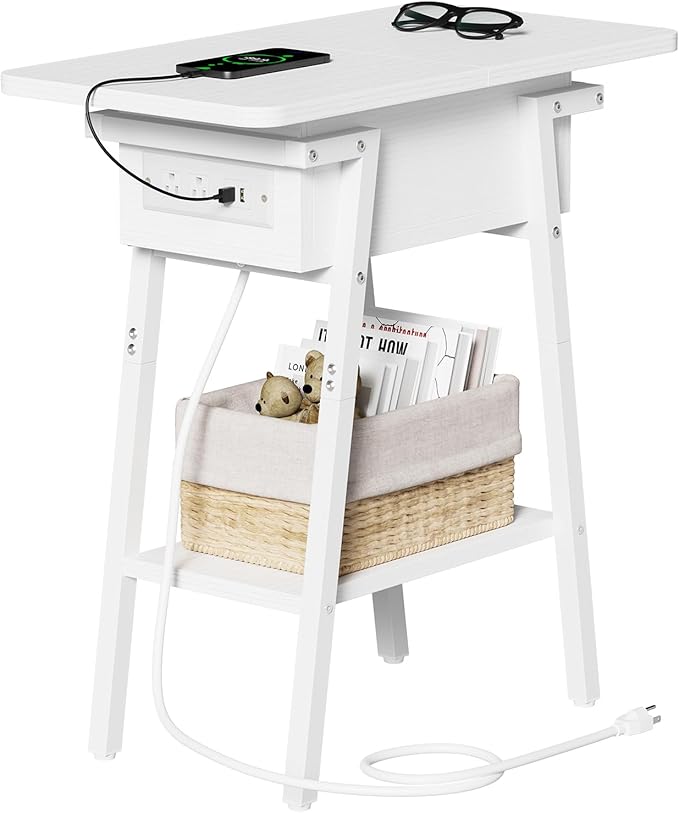End Table with Charging Station, Flip Top Side Table with USB Ports and Outlets, Bedside Tables for Small Spaces,Nightstand with Storage Shelf for Living Room, Bedroom, White