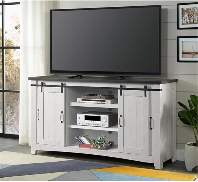 Martin Svensson Home Rustic 65” Solid Wood TV Stand with Storage, White Stain with Grey Stain Top