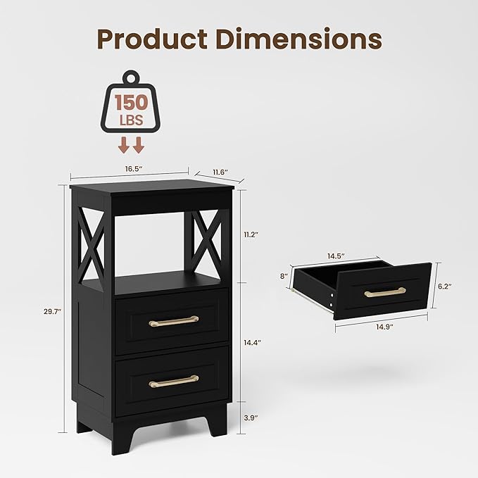Tall Nightstand Set of 2 Side Table with 2 Drawers Modern Night Stand Wooden End Table Bedside Table with Upper Open Shelf Solid Feet for Bedroom, Living Room, Black