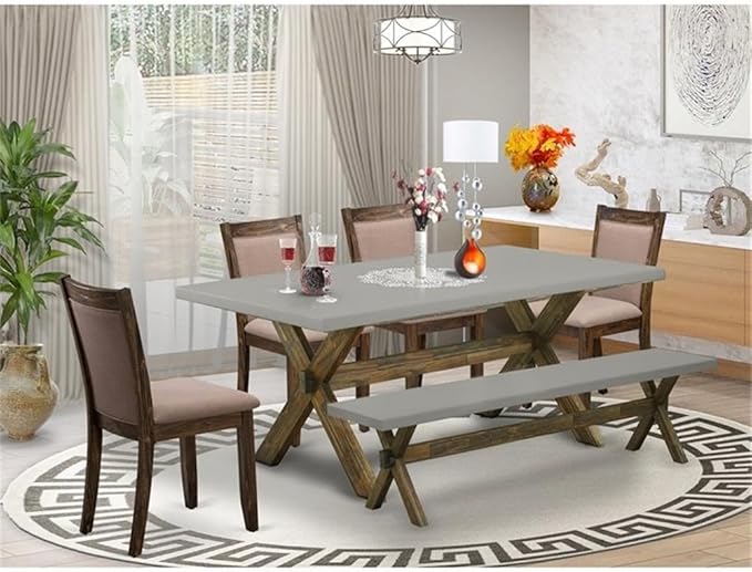 East West Furniture X797MZ748-6 6 Piece Dinette Set Contains a Rectangle Dining Table with X-Legs and 4 Coffee Linen Fabric Parson Chairs with a Bench, 40x72 Inch, Multi-Color
