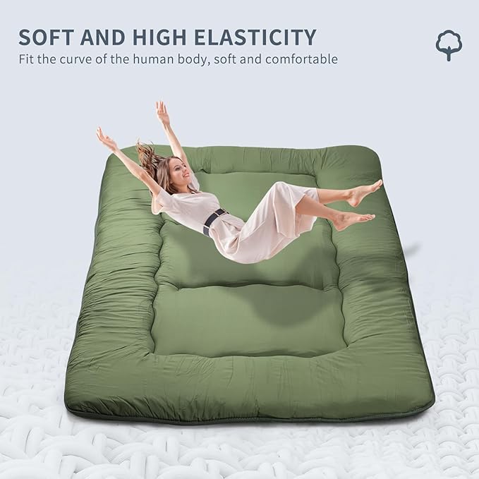 Japanese Floor Mattress,Roll Up Memory Foam Tatami Mat Easy to Store and Portable,Futon Mattress Suitable for Camping and Guest Room (Green, Queen (80" X 60"))
