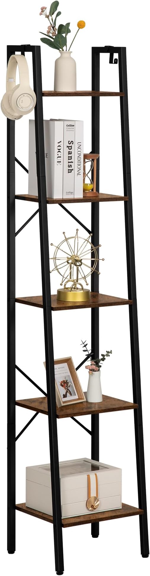 Ladder Shelf, Bookshelf Bookcase, Freestanding Corner Storage Shelve with 2 Hooks for Home Office, Living Room, Kitchen, Bedroom, Industrial, 5-Tier Rustic Brown BC03201B