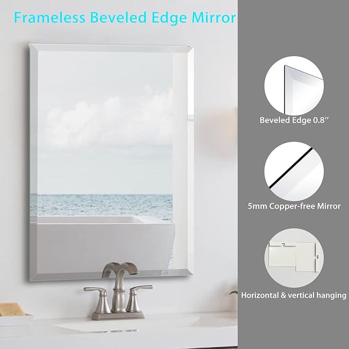 Frameless Beveled Edge Bathroom Mirror 24x32 Inch Rectangle Beveled Mirror Wall Mirror Explosion Proof and Shatterproof Bathroom Vanity Mirror Wall Mounted Hang Firmly (Horizontal or Vertical)