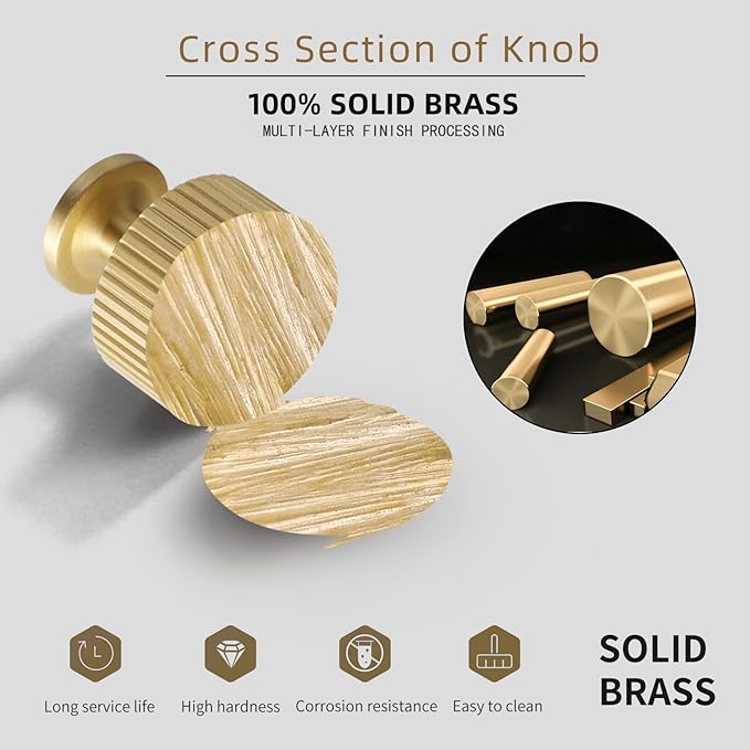 SALISENG- 5 Pack Solid Brass Kitchen Cabinet Knobs,Matt Gold Drawer Pulls, 1-1/10 Inch 28mm Diameter, Modern Furniture Handles for Cupboard Wardrobe (BOURGUE)