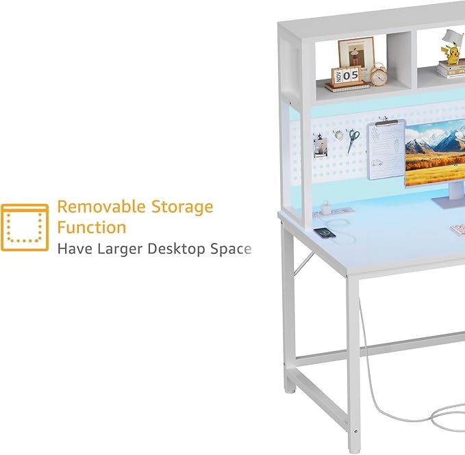 White Computer Desk with Hutch and Pegboard - Computer Desk with Power Outlets, 47 Inch Modern Study Teen Desk with Pegboard Storage Bag, Hooks and Side Bag,Writing Desk for Bedroom Home Office