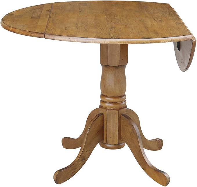 42" Round Dual Drop Leaf Pedestal Dining Table Solid Wood, Easy Assembly, Sturdy Parawood, Kitchen/Dining Room, 29.5"H x 42"W x 42"D, 20mm Thickness Top, Includes Two 9" Drop Leaves