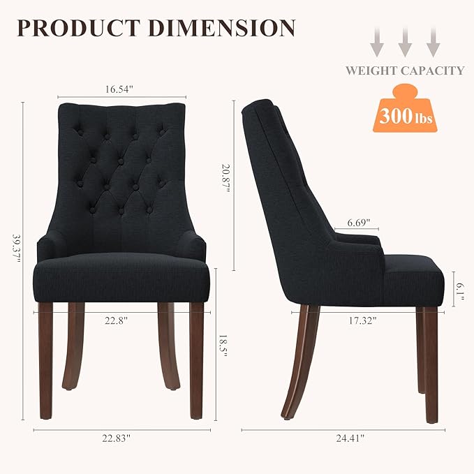 COLAMY Wingback Upholstered Side Dining Room Chairs Set of 2, Fabric Dining Chairs with Tufted Button, Living Room Chairs for Home Kitchen, Black