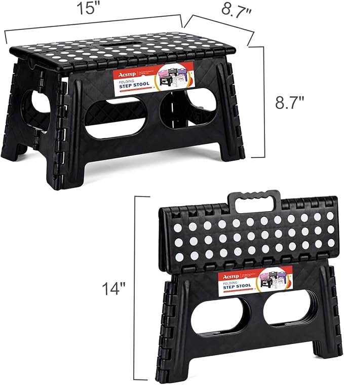 ACSTEP Folding Step Stool, 15-Inch Extra Wide 9Inch Height Heavy Duty Stepping Stool More Safe and Comfortable Non Slip Foldable Step Stool for Kids and Adults Black, 10 Pack