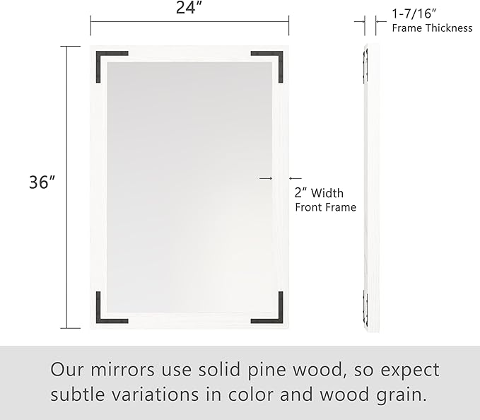 VocalStar White Wood Framed Mirror 24 x 36 Inch, Rustic Natural White Wooden Rectangle Bathroom Vanity Wall Mirror for Farmhouse Boho Decor, 1/4-inch Shatterproof Glass | Waterproof