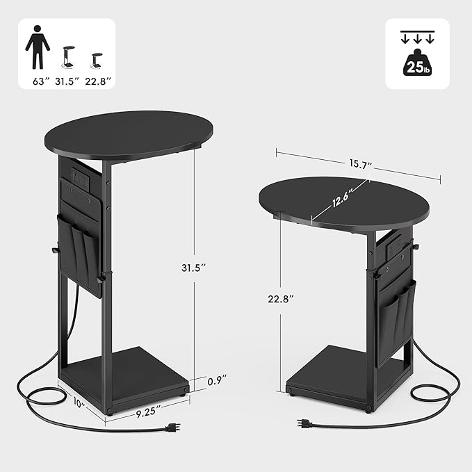 Vagusicc C Shaped End Table with Charging Station, 32" Tall Side Table for Couch and Recliner, Adjustable Height Small Couch Side Table Slide Under Sofa TV Tray Table for Living Room, Bedroom, Black