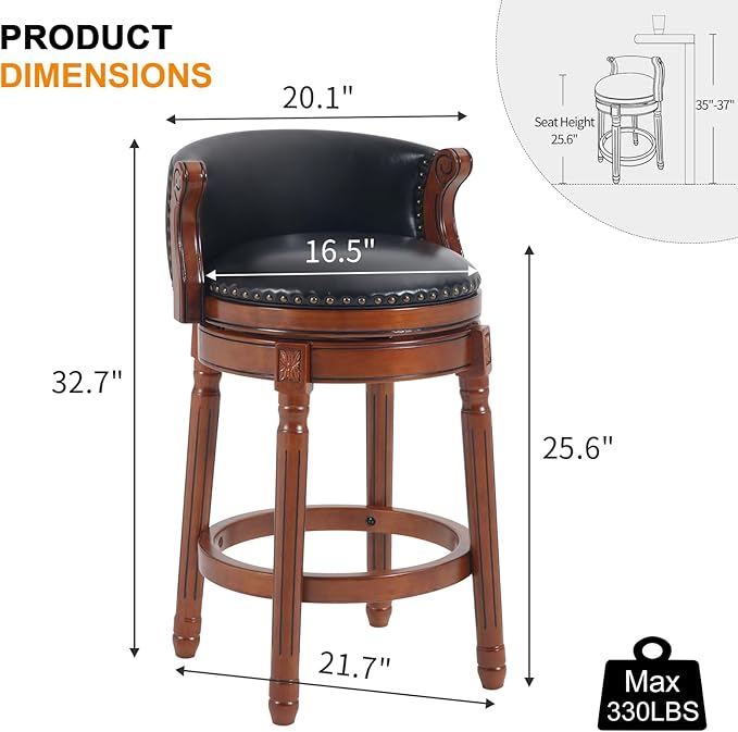 Cow top Leather Wooden Bar Stools, 29.5" Bar Height Bar Chair with Back, 180 Degrees Swivel Barstools Chair for Home Kitchen Counter,Dining Room (Black-1pc, Counter Height-Seat Height 26”)