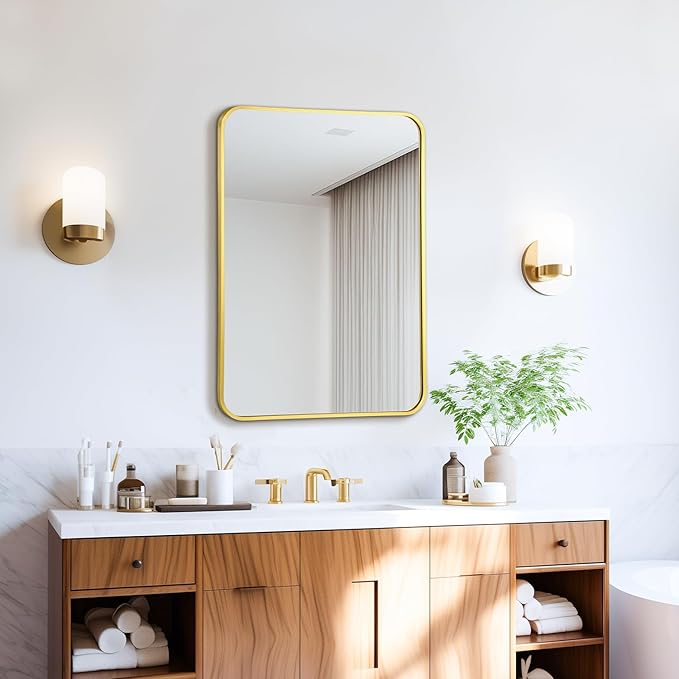 20x28 Rounded Rectangle Bathroom Mirrors for Over Sink, Gold Vanity Mirror with Metal Frame Wall Mounted, Modern Farmhouse Mirror for Restroom, Bedroom, Entryway Decor