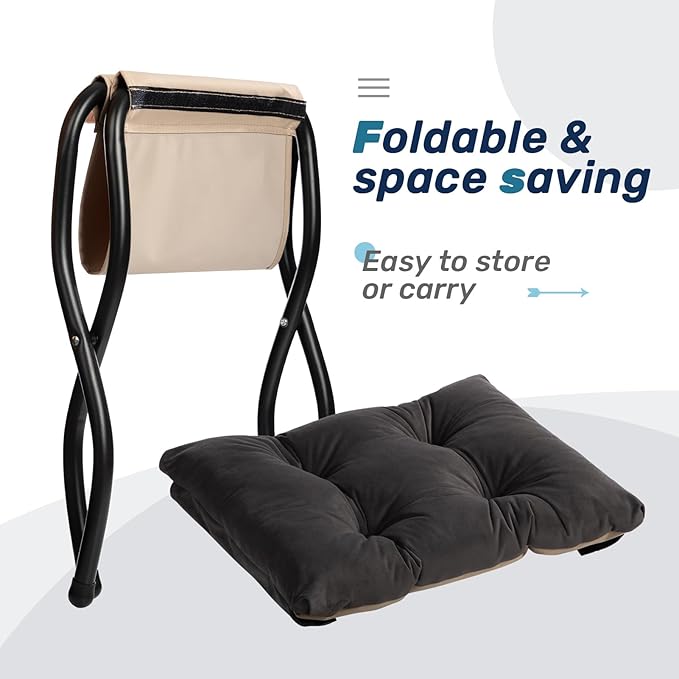 HollyHOME 15"(H) Folding Footrest Stool, Upholstered Small Foldable Ottoman, Accent Padded Sofa Foot Stool for Lazy Chair, Metal Frame Portable Foot Rest Ottoman for Living Room, Bedroom, Smoky Grey