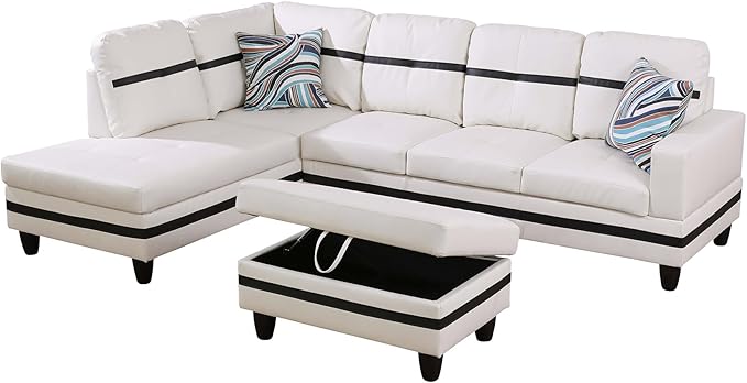 L Shaped Couch PU Leather Sectional Couch Upholstered 3 Pieces Sofas for Living Room with Chaise, Storage Ottoman for Office and Small Apartment, White and Black