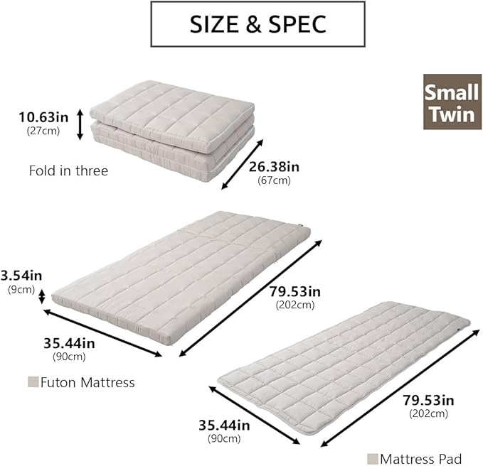 EMOOR Japanese Tri-fold Futon Mattress Machi with Mattress Pad Small-Twin Gray, Gusset Foldable Storable Washable Floor Sleeping Guest Bed Tatami Mat