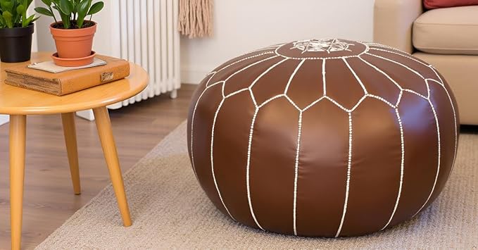 Stuffed Round Design Moroccan Faux Leather Pouf Ottoman, Handmade, Pre-Filled, 100% Genuine Leather, 13” Height x 20” Diameter, Footstool & Living Room Décor (Matte Bronze)