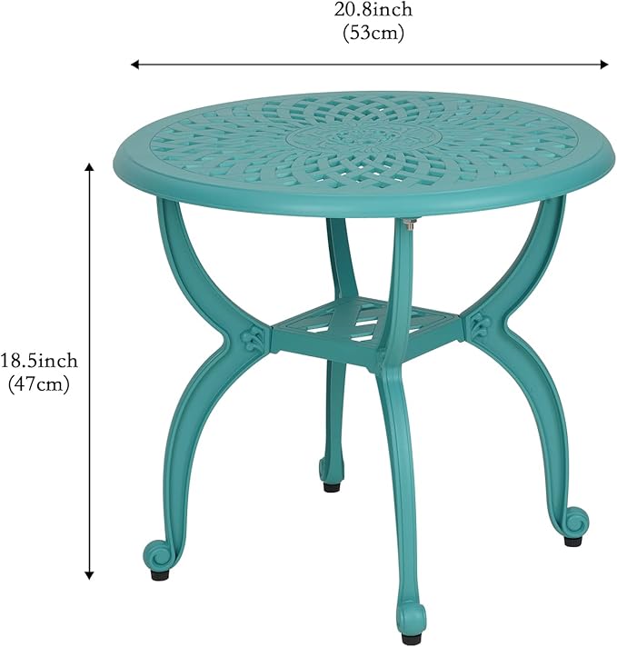 JARDIN DE CENTENNIAL Cast Aluminum Outdoor Side Table,Anti-Rust Outdoor End Table,Patio Coffee Bistro Table for Indoor,Garden,Porch,Balcony(Round Blue)