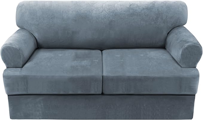 H.VERSAILTEX Sofa Cover 3 Piece T Cushion Loveseat Slipcovers Thick Velvet Couch Cover Stretch T Cushion Sofa Covers for 2 Cushion Couch with 2 Individual T Cushion Covers Washable, Stone Blue