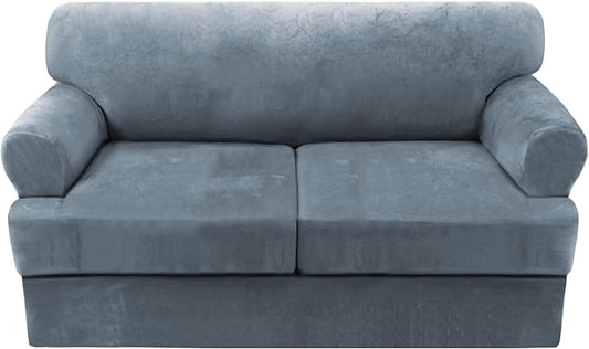 H.VERSAILTEX Sofa Cover 3 Piece T Cushion Loveseat Slipcovers Thick Velvet Couch Cover Stretch T Cushion Sofa Covers for 2 Cushion Couch with 2 Individual T Cushion Covers Washable, Stone Blue