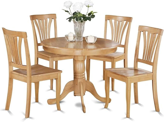 East West Furniture ANAV5-OAK-W 5 Piece Dining Room Table Set Includes a Round Kitchen Table with Pedestal and 4 Dining Chairs, 36x36 Inch, Oak