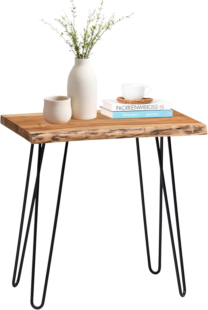 Alaterre Furniture Natural Live Edge End Table - 15” x 20” x 27” Acacia Wood Side Table with Metal Hairpin Legs and Protective Floor Pads - Mid Century Modern Living Room Furniture (Natural)