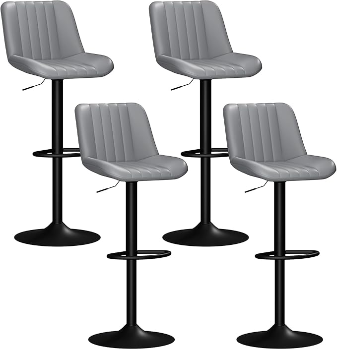 Shintenchi Swivel Bar Stools Set of 4, Adjustable Faux Leather Upholstered Swivel Counter Stools, Armless Bar Height Island Chairs with Back and Footrest, Gray