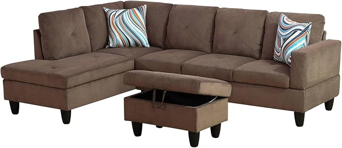 NicBex Sectional Couch 3 Pieces Sofa Set with Right Chaise Corduroy L Shaped Cloud Couch for Living Room Furniture Sets with Storage Ottoman, Modular Sofa for Living Room & Apartment, Brown