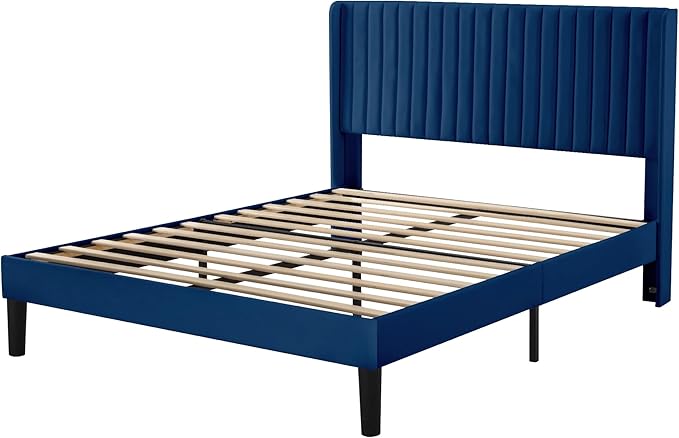 Allewie Queen Size Velvet Bed Frame/Vertical Channel Tufted Wingback Headboard/Upholstered Platform Bed/Strong Wooden Slats/No Box Spring Needed/Easy Assembly/Dark Blue
