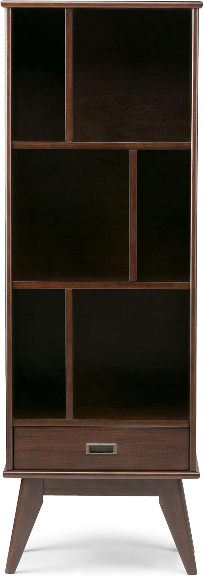 SIMPLIHOME Draper Bookcase - 64 inch Tall Solid Hardwood Storage Bookshelf in Medium Auburn Brown, Mid-Century Modern Storage for Living Room, Study or Office with Adjustable Shelves and Angled Legs