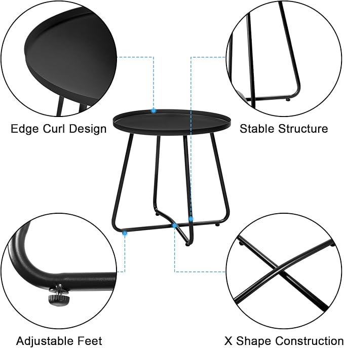 Dia.17.7ins Steel Round Coffee Table, Steel Tray Table, Side Table, Outdoor and Indoor Use, Weather Resisitant, Patio, Balcony, Garden, Backyard (Black)