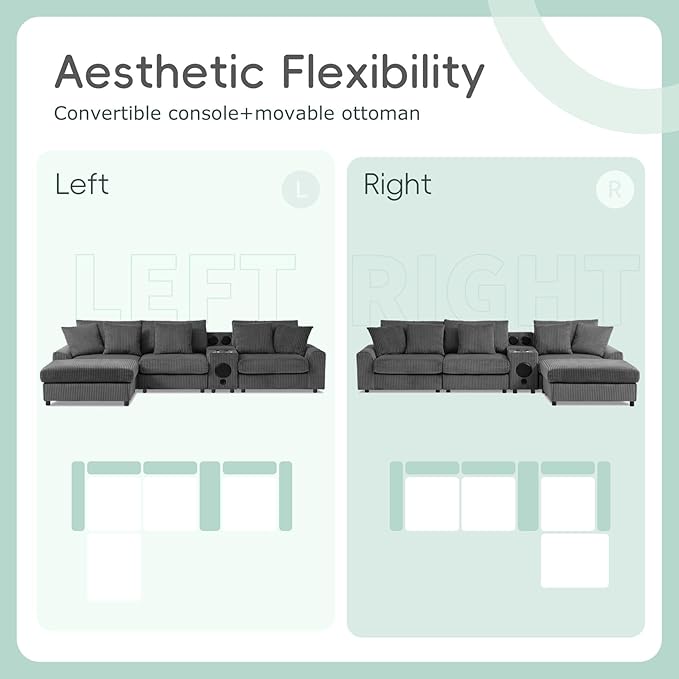 Merax 114 * 64" Corduroy Sectional Couches with Bluetooth Speakers, Storage, Ottoman & Pillows, Upholstered Modular Sofa Chaise with Console, USB Charger, Cup Holders for Living Room Apartment, Grey