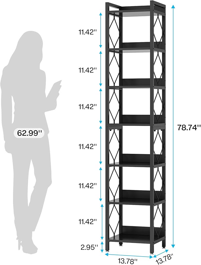 Tribesigns 78.7 Inch Extra Tall Narrow Bookshelf, 7 Tier Skinny Bookcase for Small Spaces, Freestanding Display Shelves, Multifunctional Corner Storage Organizer for Home Office, Black