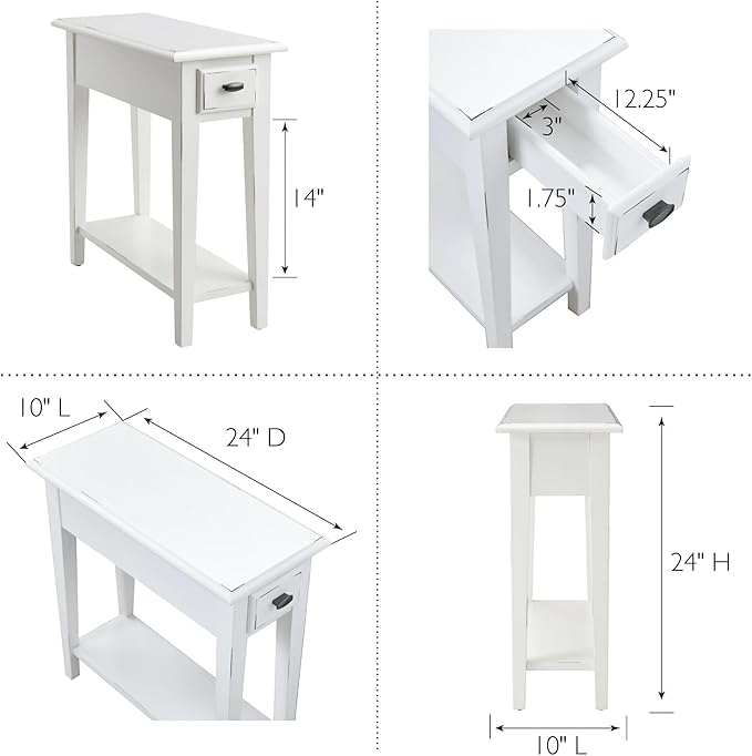 Haven Ridge Narrow End Table, Solid Wood Side Table with Drawer and Shelf, Farmhouse White, Perfect for Living Rooms, Bedrooms, and Small Spaces – Leick Home, 214361